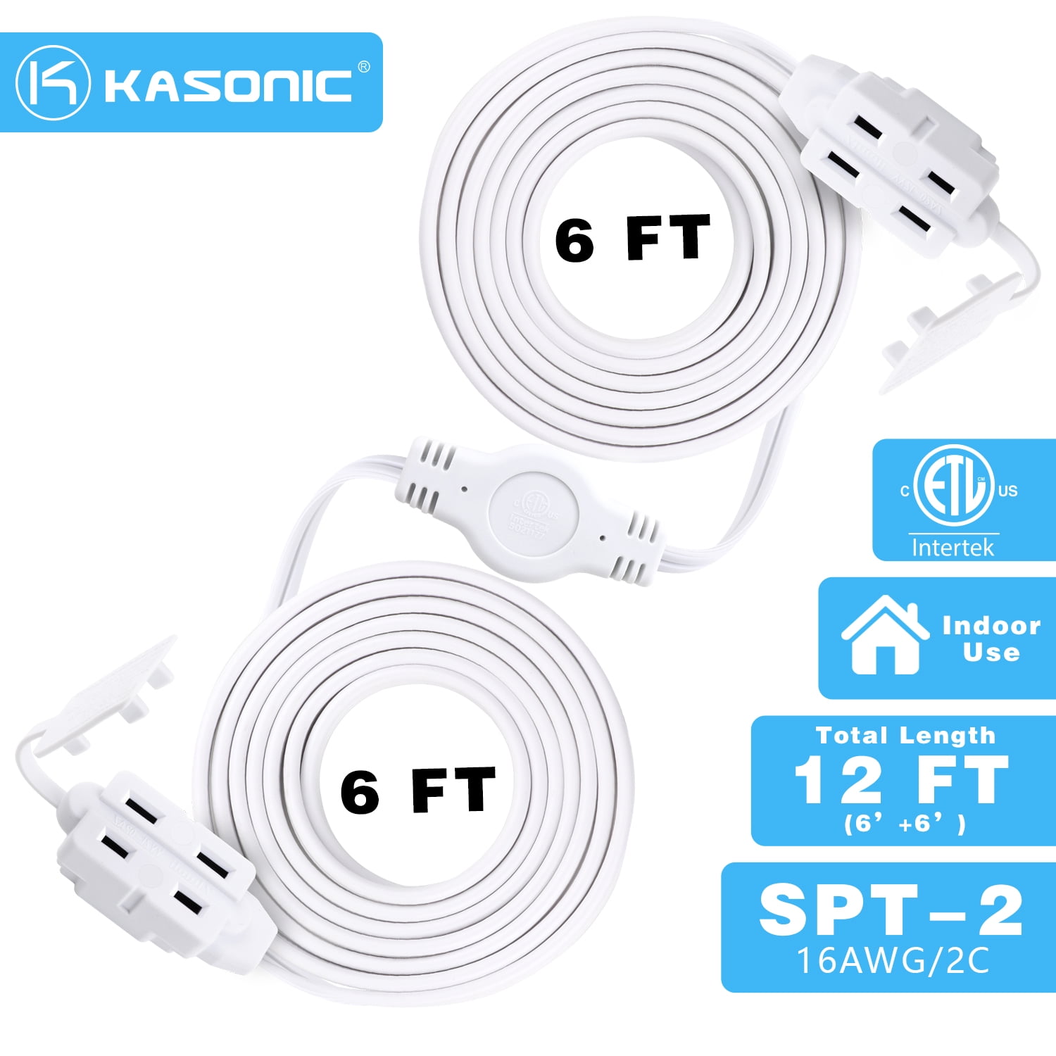 12 Feet Twin Extension Cord Power Strip, 6 Feet on Each Side, Flat Head Outlet Plug,6 Polarized Outlets with Safety Cover, Double Extension Cord Splitter for Indoor Use, ETL Listed