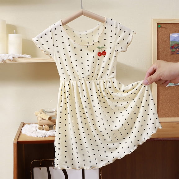 BRGZLK Cute Dresses for Girls Summer 2026 Casual Cute Polka Dot Cherry Print Peter Pan Collar Dresses Ruffle Short Sleeve Soft Comfy Midi Sundress Beige 6-12 Months
