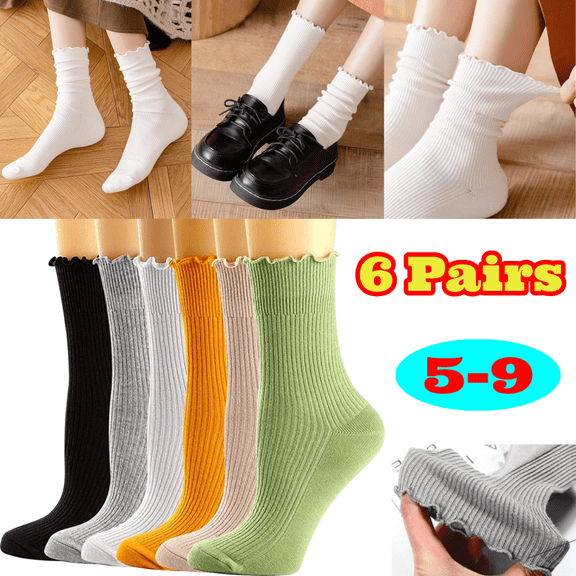 6 Pairs Cotton Ruffle Socks, Soft Breathable Cute Lettuce Ankle Crew Socks for Women