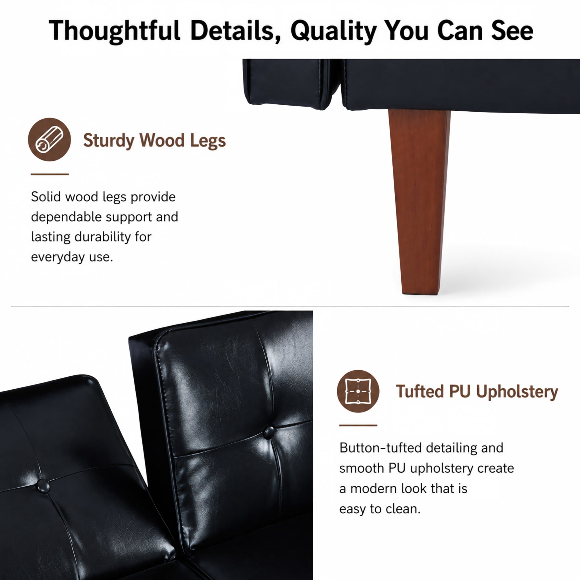 BSHTI 68.11" PU Convertible Sofa Bed with Adjustable 3-Position Backrest, Button-Tufted Split Back for Living Room/Office(Black)