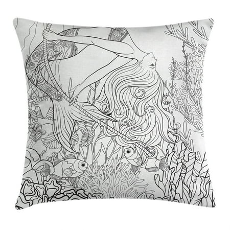 Little Mermaid Cushion Mermaid Throw Pillow Cushion Cover, Surreal Little Mermaid Enjoying Undersea Ancient Lady in Coral Reef Artsy Graphic, Decorative Square Accent Pillow Case, 20 X 20 Inches, Grey White, by Ambesonne ()
