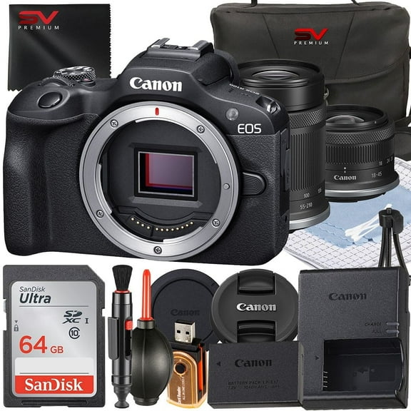 Canon EOS R100 Mirrorless Camera with RF-S 18-45mm   55-210mm Lens   64GB Memory Card   Case   SV Premium Accessory Bundle (International Version)
