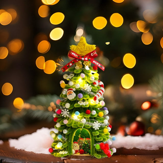 LSLJS 10" DIY handmade Lighted Mini Christmas Tree Small Desktop Christmas Tree with 20 LED Cones and Christmas Decorations