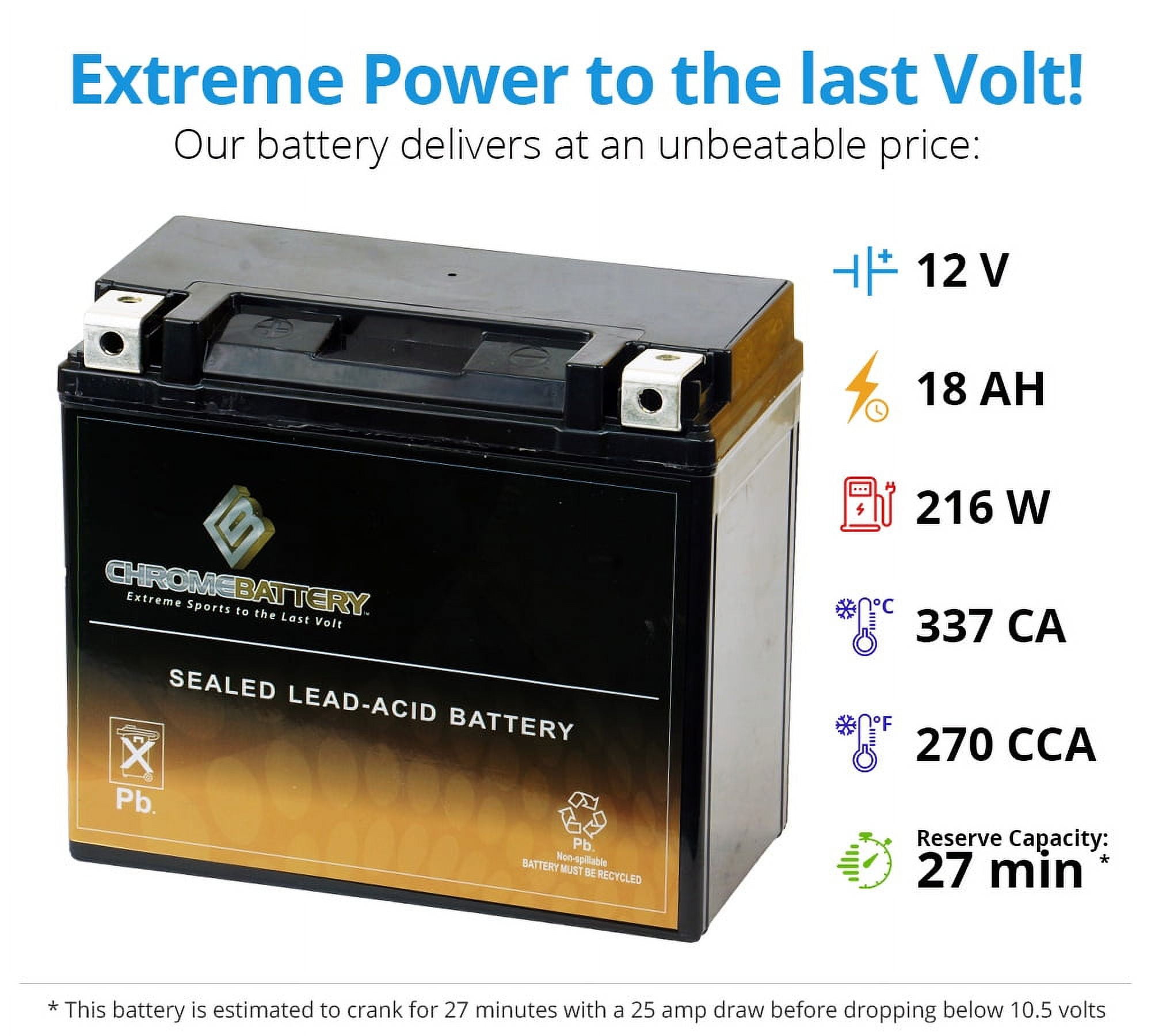 Chrome Battery YTX20-BS (20-BS 12 Volt,18 Ah, 270 CCA) Motorcycle Battery for Harley-davidson 1200cc Fx Electric Start 1977
