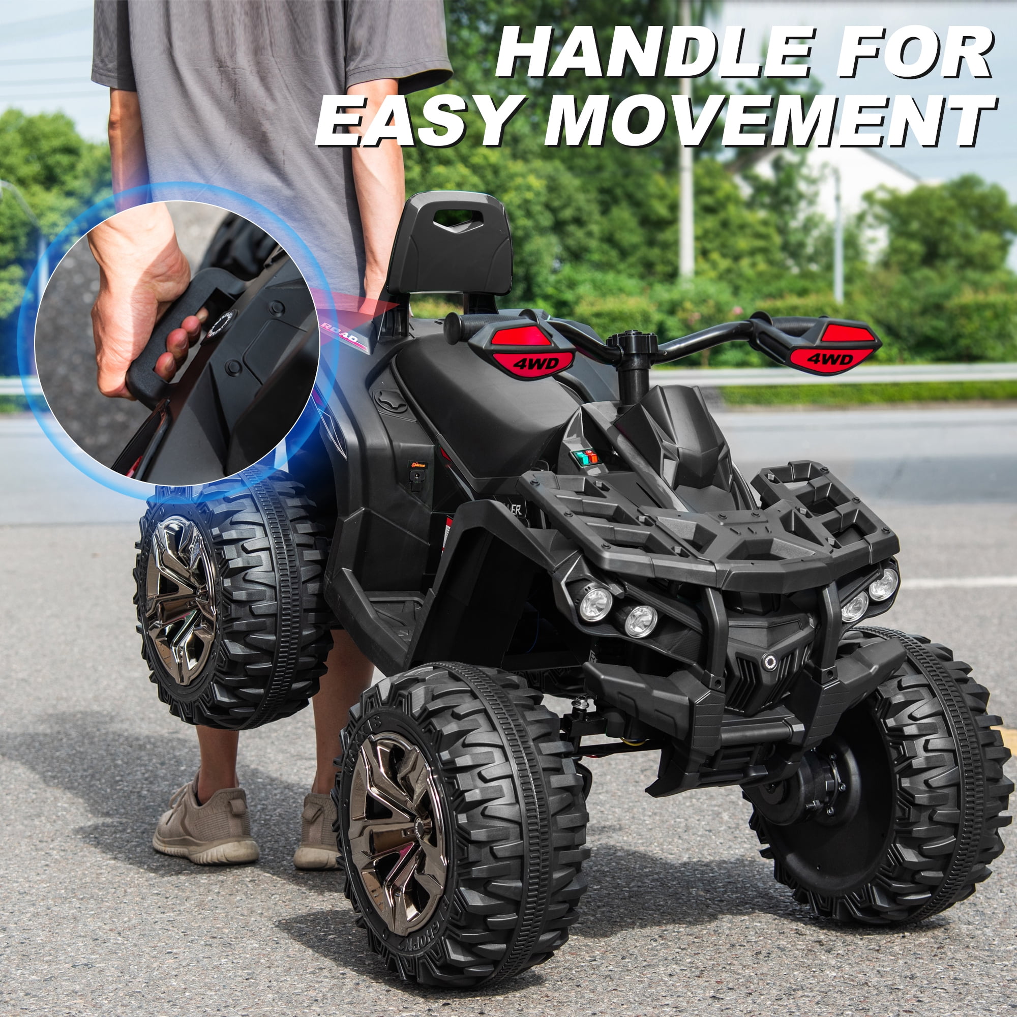 800W Dirt Quad w/ Remote Control - 24V Powered Ride on ATV, Electric Powerful 4-Wheeler for Big Kids, Up to 5.5 mph, Knee Pads, Black