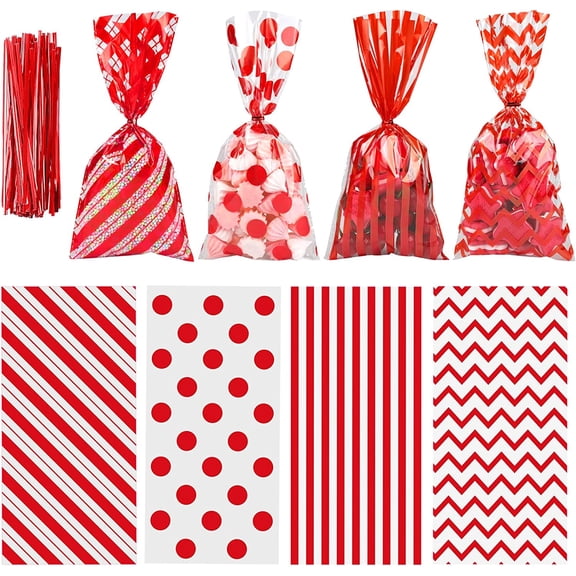 YANTONG 100 Pack Red Cellophane Bags 10.6 x 5.1 Inch Plastic Candy Bags Gift Bags Goodie Bags with Twist Ties for Valentine, Birthday, Gift Cookie Snack Packing Party Favor Supplies