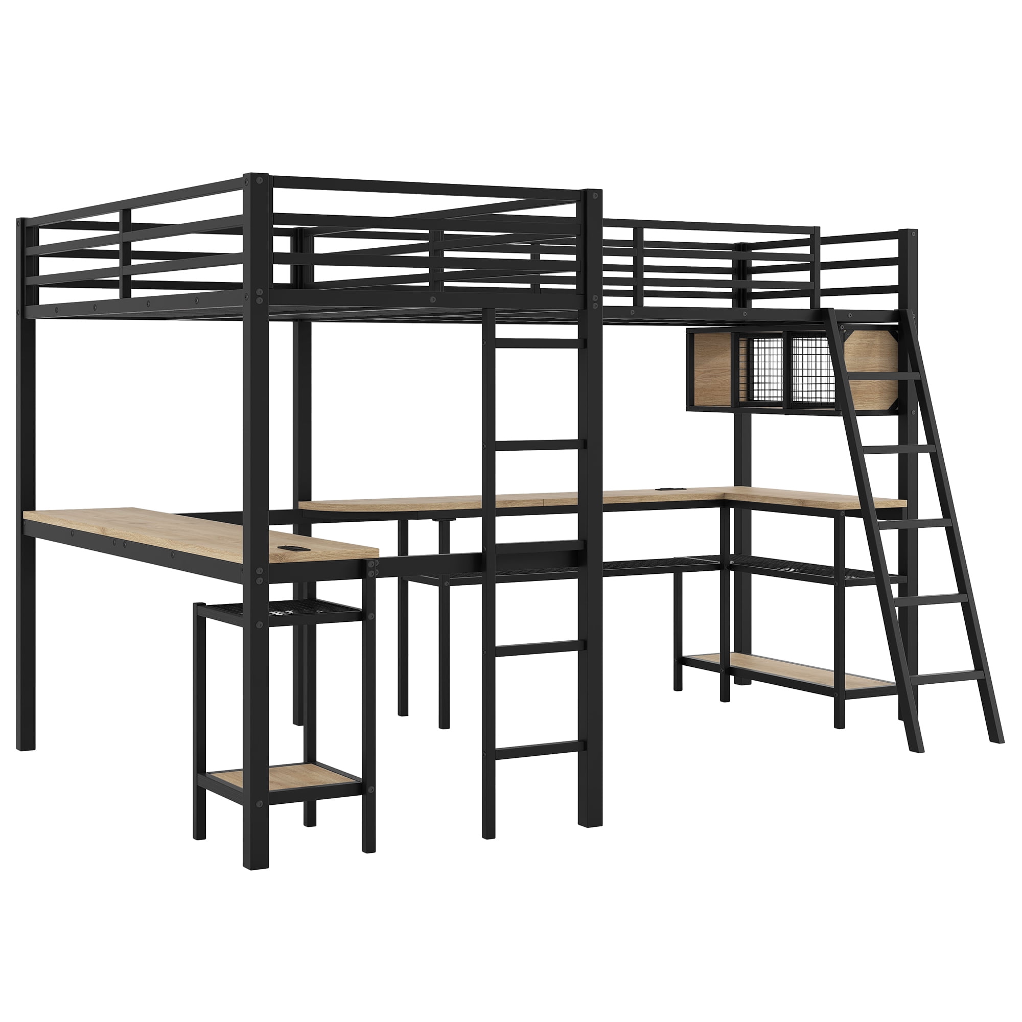 Euroco Twin L-Shaped Metal Loft Bed with Built-in Study Desk and Shelves, Gaming Bed with LED Light and USB Charging, Black