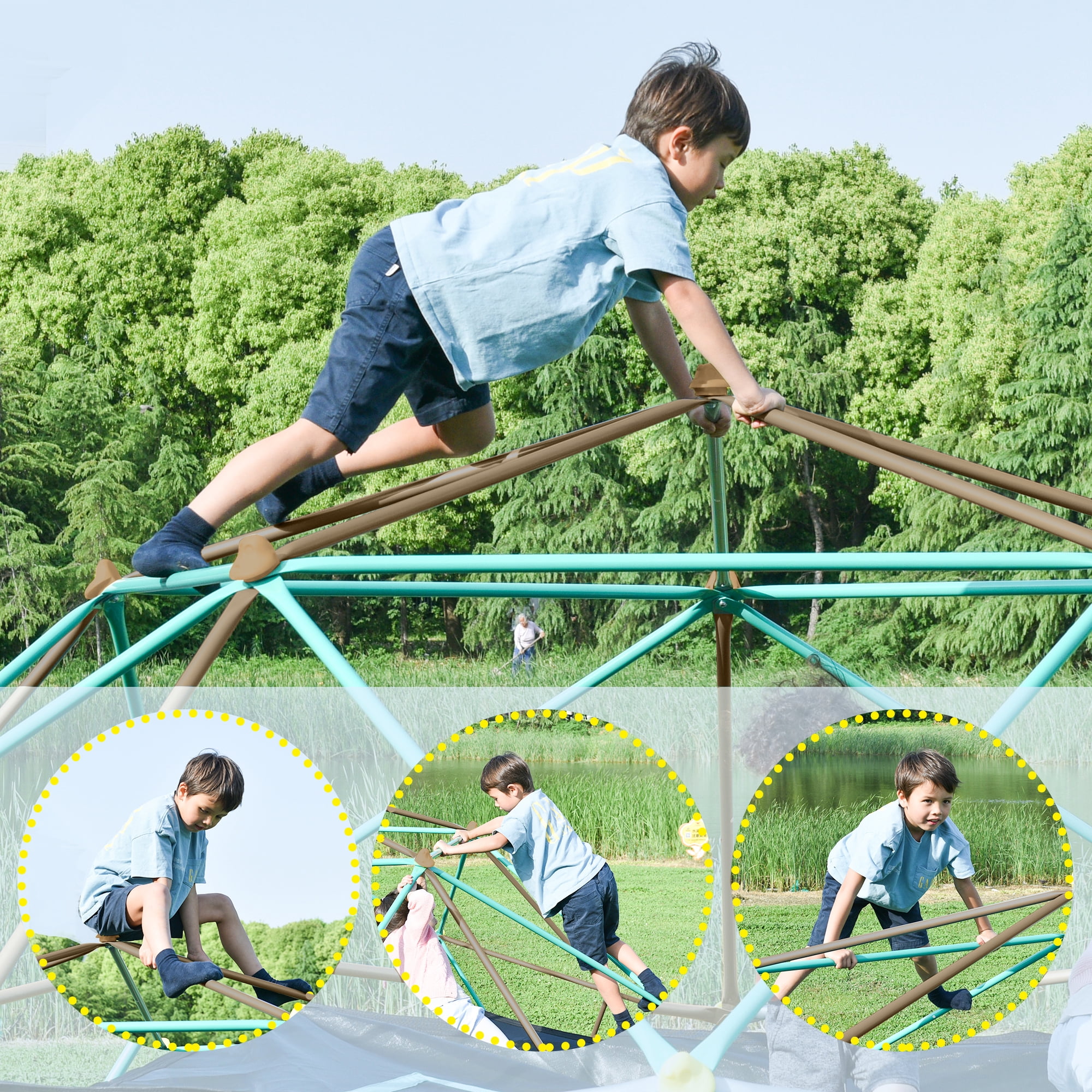 12ft Geometric Dome Climber Play Center for Kids, Outdoor Jungle Gym Climbing Tower with Hammock, Rust & UV Resistant Steel Supports 1000 LBS