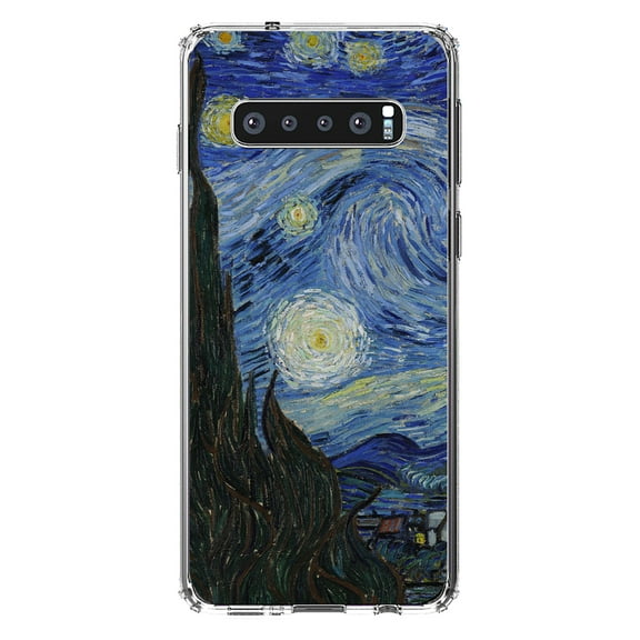 DistinctInk Clear Shockproof Hybrid Case for Samsung Galaxy S10  PLUS(6.4" Screen) - TPU Bumper, Acrylic Back, Tempered Glass Screen Protector - Van Gogh Starry Night - Classic Art