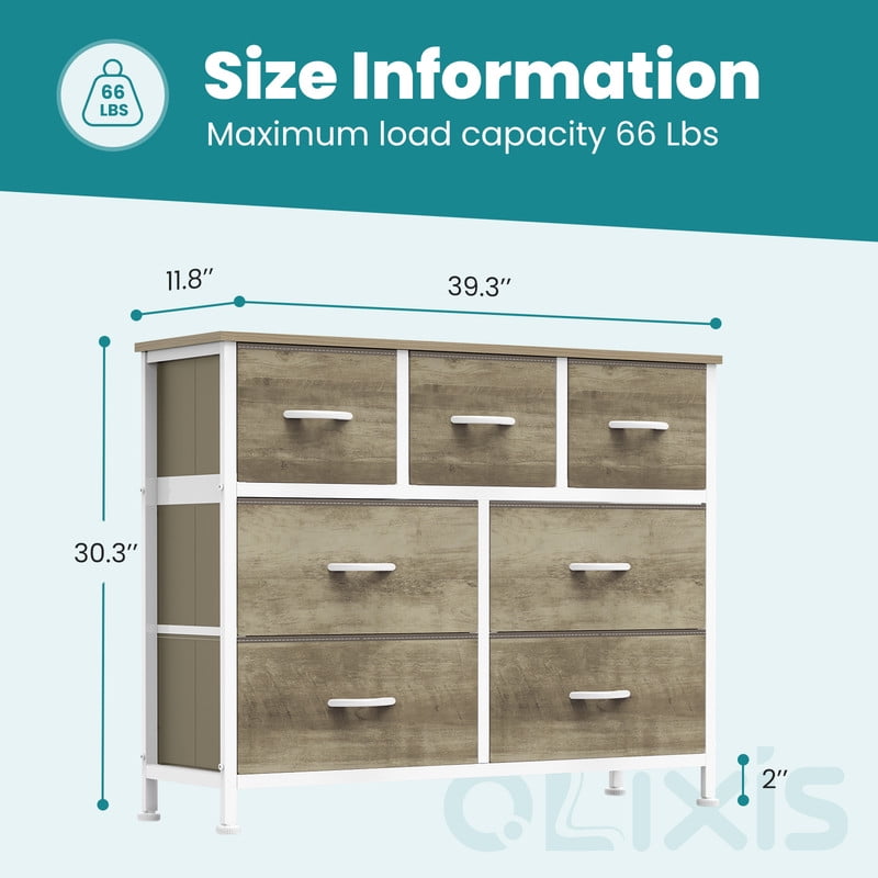Gianna Chest of Drawers with 7 Fabric Drawers, Drawer Cabinet, Organization Furniture for Kitchen, Office, Hallway, Oak