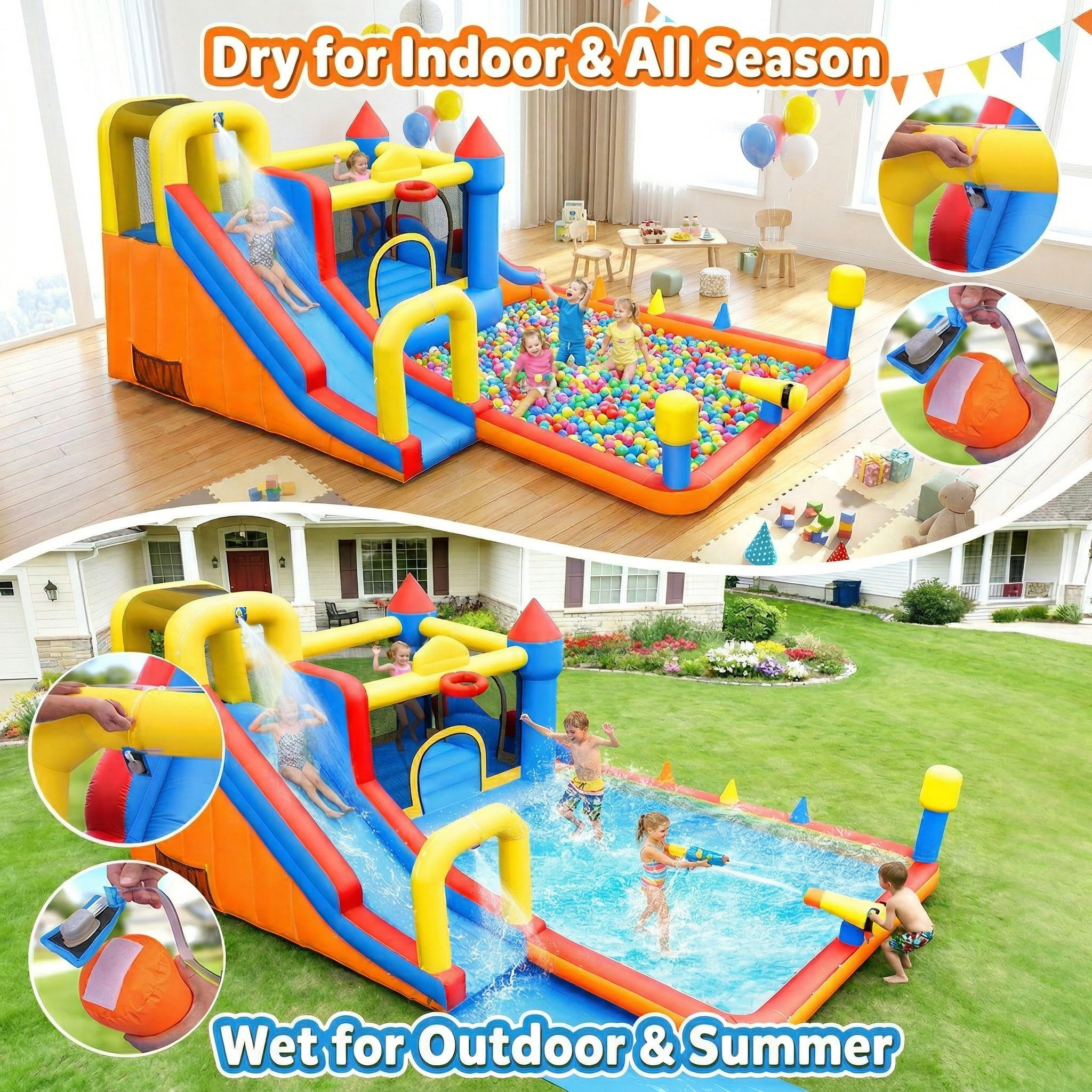 Adnoom Inflatable Water Slide, 12-in-1 Water Park Bounce House for Big Kids, Outdoor Bouncy House with Dual Slides, Big Splash Pool, Water Cannon for Backyard/Party, Jumping Castle with 550W Blower