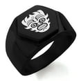 thumbnail image 1 of Stainless Steel Aztec Warrior Mask Rune Engraved Hexagon Crest Flat Top Biker Style Polished Ring, 1 of 1