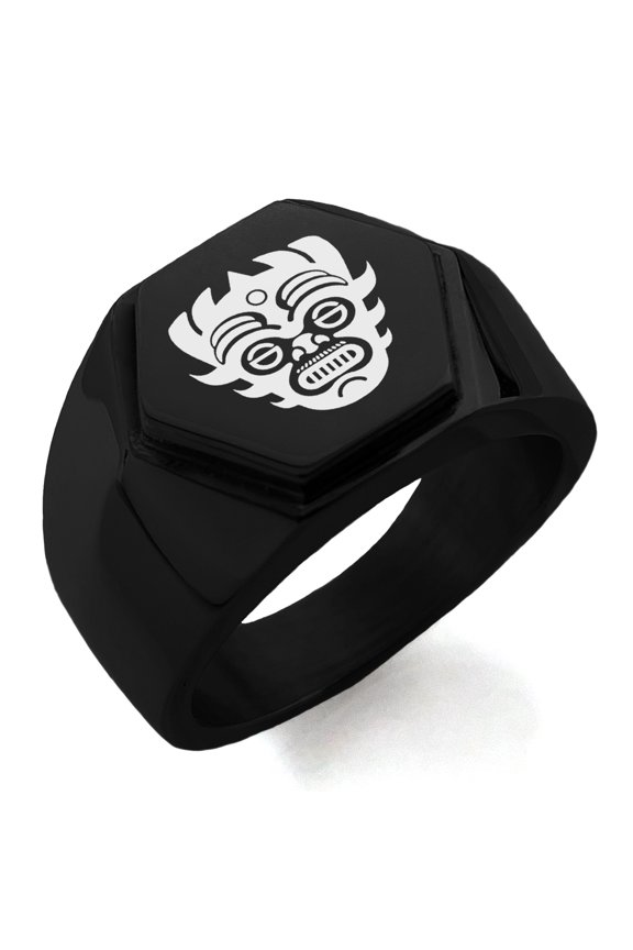 Stainless Steel Aztec Warrior Mask Rune Engraved Hexagon Crest Flat Top Biker Style Polished Ring