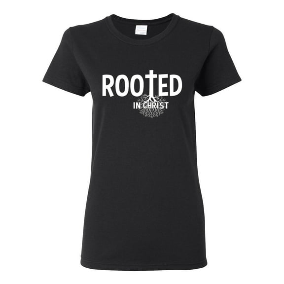 Wild Bobby Rooted in Christ Inspirational/Christian Women Graphic Tee, Black, Small