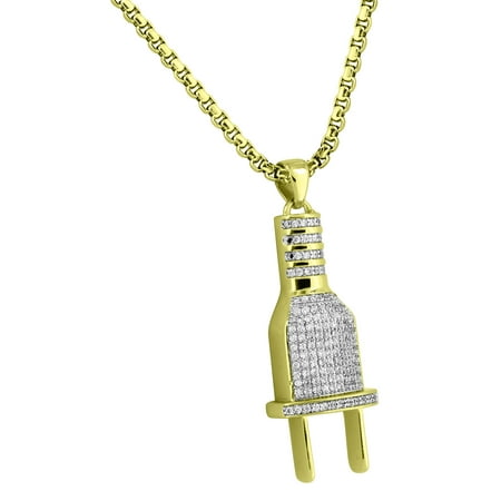 Goldstone Plugs - Switch Plug Pendant Socket Iced Out 18k Yellow Gold Tone Free Necklace 24 Inch