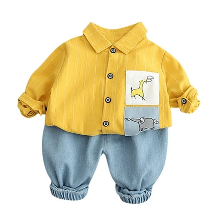 

Qufokar New Born Pants Baby Boy Firetruck Clothes Toddler Kids Child Baby Boys Long Sleeve Cute Cartoon Animals Striped Shirt Tops Solid Jeans Pant Outfits Set 2Pcs Clothes