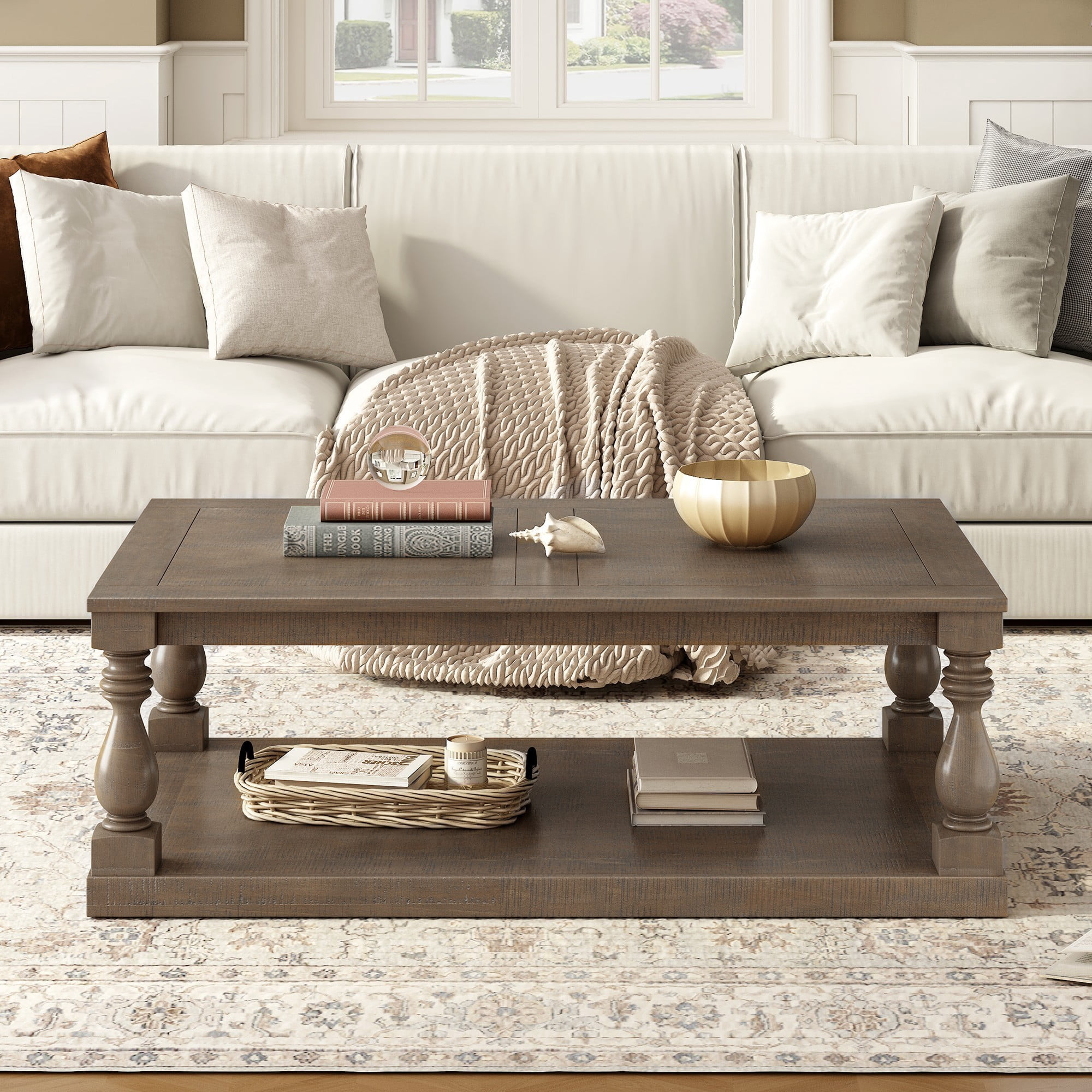 Vintage Coffee Table with Vase Column Legs, Wood Coffee Table with Pine Veneer Top, Decorative Center Table for Living Room Study Room, Brown