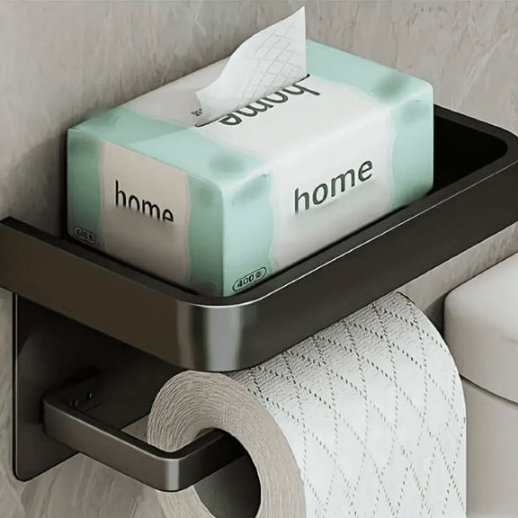 GOANDO Self-Adhesive Toilet Paper Holder with Phone Shelf, Wall-Mounted, Black