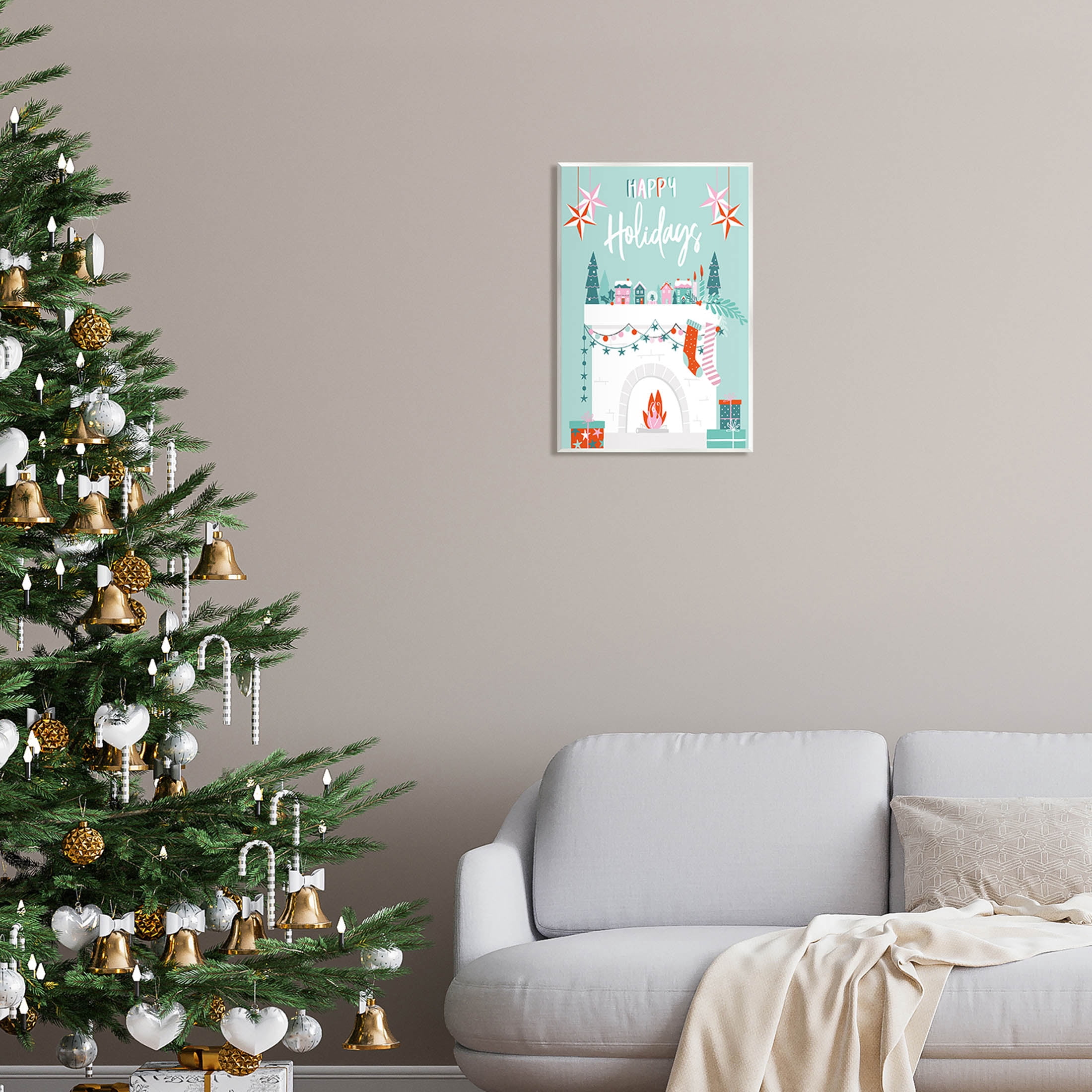 Happy Holidays Festive Mantle Stockings Holiday Graphic Art Unframed Art Print Wall Art