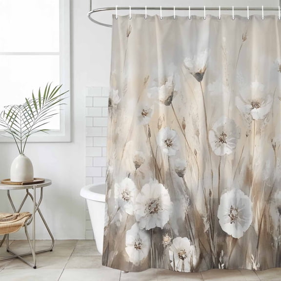 Spring White Floral Waterproof Fabric Shower Curtain,Watercolor Vintage Beige Flowers Waterproof Fabric Shower Curtain for Bathroom Curtains Bathtubs Shower Curtains with 12 Hooks Extra Long 72x84