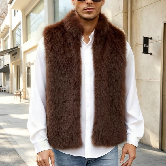 Ceisia Mens Faux Fur Sleeveless Vest Open Front Warm Thick Furry Waistcoat Winter Party Street Casual Outerwear Gilet For Men Brown S Gift