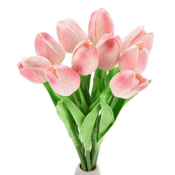 Unique Bargains 15pcs Tulips Artificial Flowers, Artificial Flowers Fake Tulip Stems Real Touch for Decoration (Peach Pink)