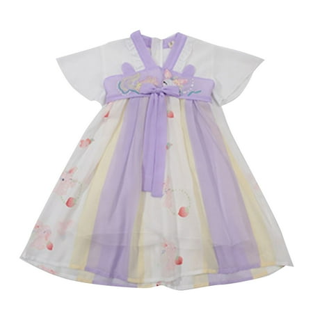

ZMHEGW Summer Dresses For Toddler Girls Hanfu Short Sleeved New Cute Cartoon Pattern Embroidery Sun Dress
