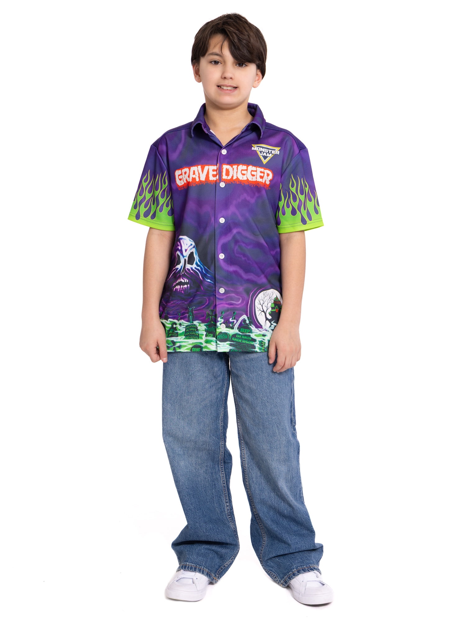 Monster Jam Grave Digger Boys Button Shirt with Short Sleeves, Sizes 4-16