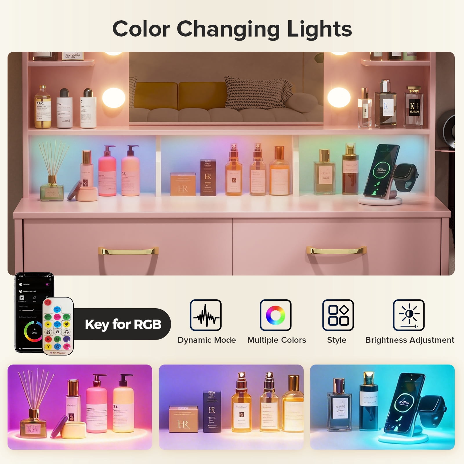 LUCKLIFE Vanity Desk with LED Lights Mirror & Power Outlet,Makeup Vanity Table for Women Girls Bedroom, Pink