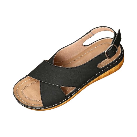 Hurxie Womens Wedge Sandals Comfortable: Buckle Ankle Strap Low Wedge Sandals Dressy Breathable Memory Foam Insole Casual Walking Summer Shoes Black 5.5