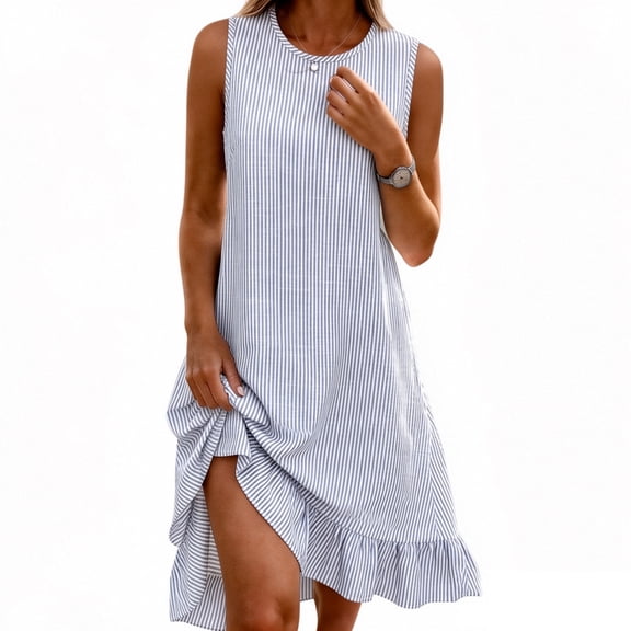 YuXingFu Womens Cotton Dresses Casual Mid-Length Crew Neck Plus Size Womens Dress Sleeveless Seersucker Casual Summer Light Blue S