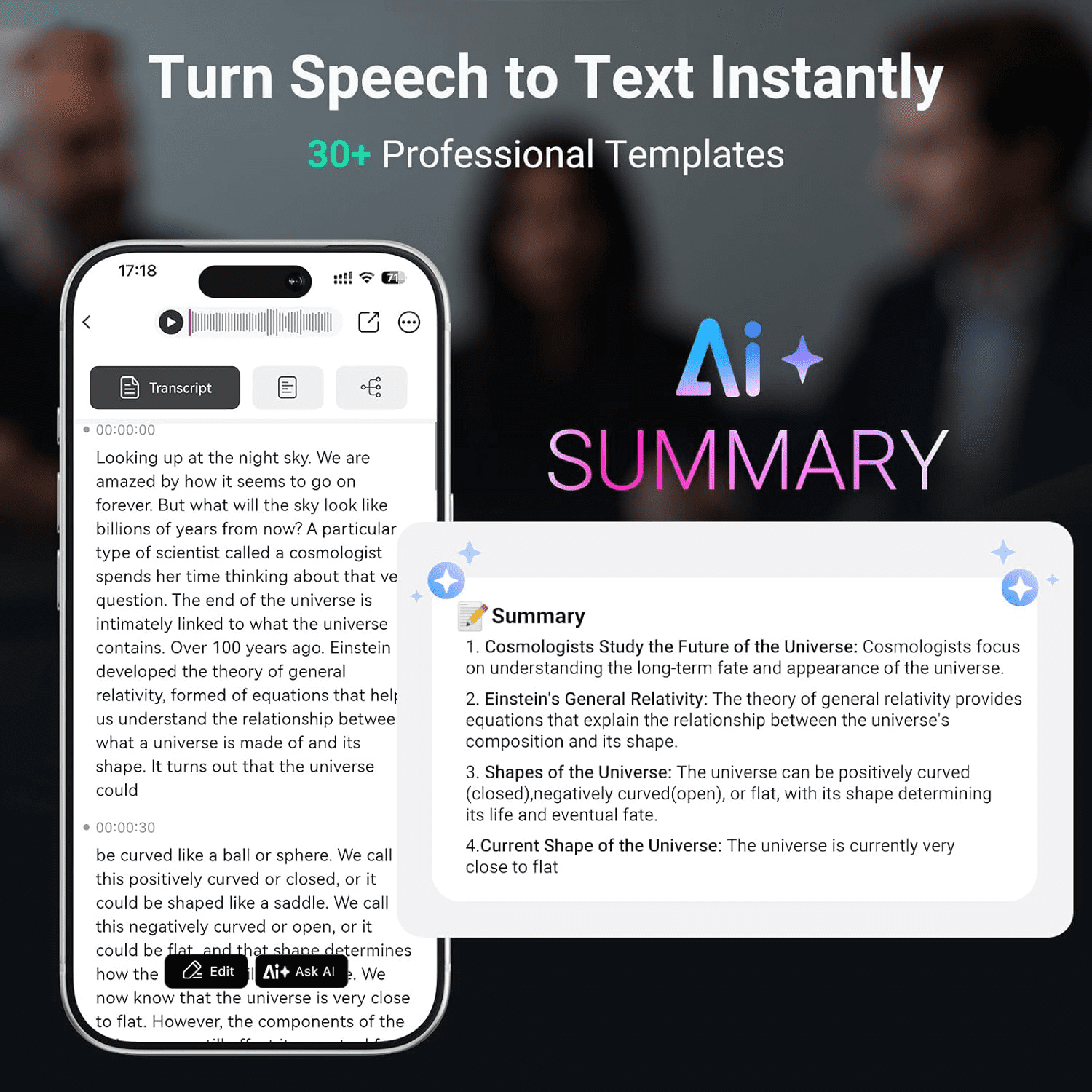 AI Noise Cancellation Voice Recorder: Transcribe, Summarize & Text Translation, 81 Languages, 64GB Memory, App Control for Meeting, Call, and Lecture