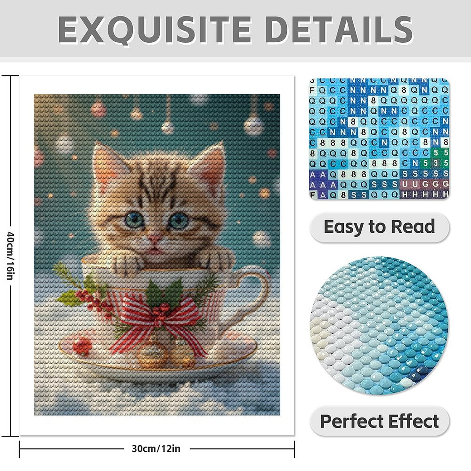 Diamond Art Kit for Adults, Cute Kitten Christmas Teacup Ornament Diamond Painting for Adults Beginners, DIY Diamond Art Painting Kits, 5D Diamond Painting Crafts for Home Decor 12x16 Frameless