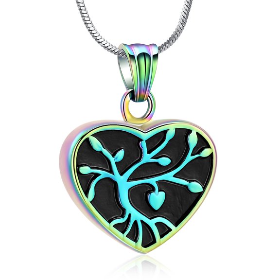 Stainless Steel Tree of Life Print Heart Urn Pendant Memory Necklace for Cremation Ashes Human Pet Memorial Jewelry