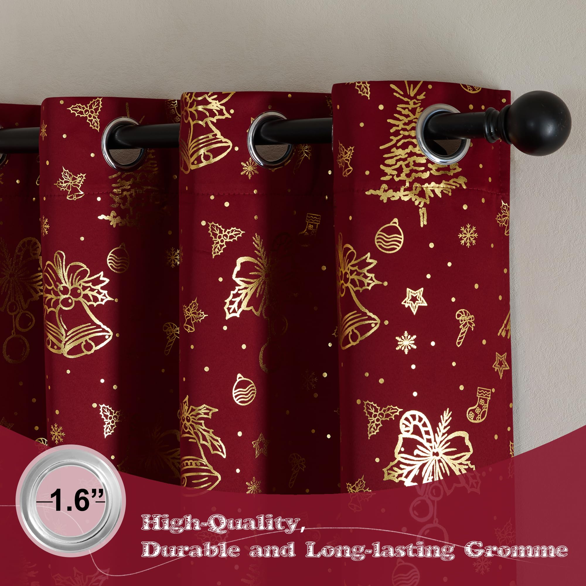 NICETOWN Christmas Curtains for Living Room, Gold Foil Printed Xmas Blackout Curtains Thermal Insulated Noise Reduce Grommet Window Treatments for Bedroom Living Room, 52"x95", Red