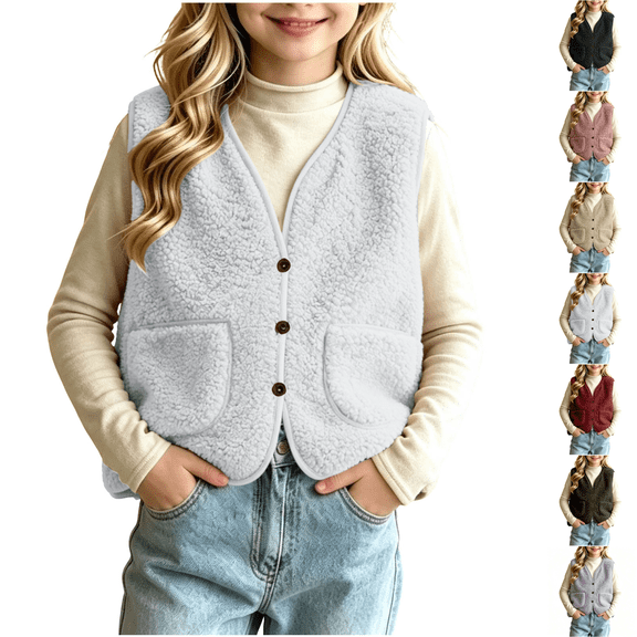 Asgosdo Fleece Vest for Girls Button Down V Neck Sleeveless Causal Trendy Fall Jacket with Pockets Size 5-13Y