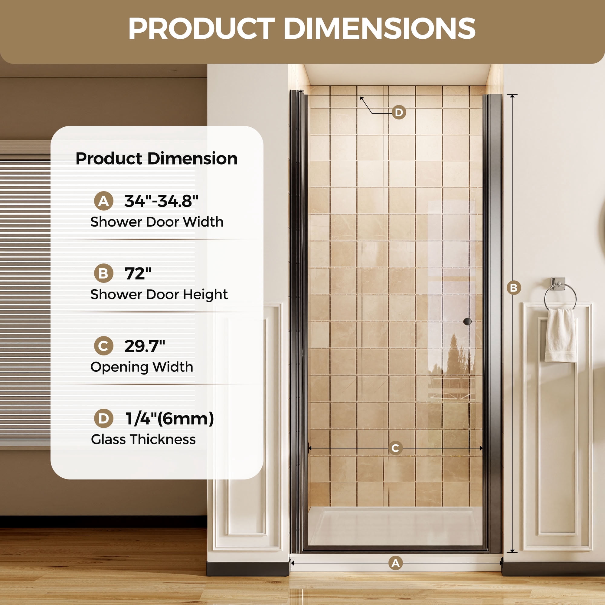 MAYEERTY Frameless Pivot Shower Door, Matte Black, 1/4" Tempered Glass with Explosion-Proof Film, Waterproof & 180° Pivot