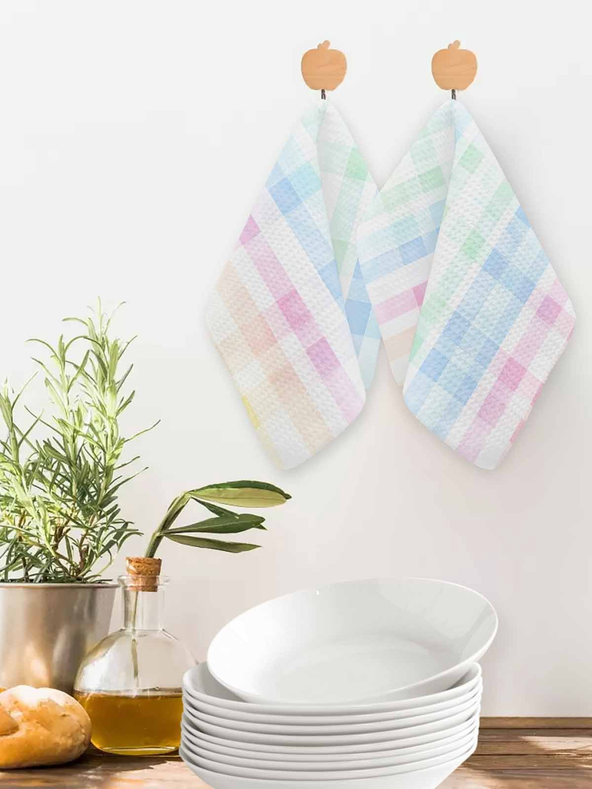 Blue Pink Plaid Dish Towels Set, Waffle Weave Kitchen Towels 4 Pieces, Pastel Green White Buffalo Patchwork Microfiber Hair Face Bath Tea Towel Absorbent Quick Drying Cleaning Dish Cloths 12"x12"