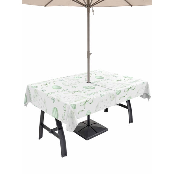 Outdoor Tablecloth with Umbrella Hole and Zipper, Sage Green Easter Rectangle Table Cloth 54x80 Inch Waterproof Tablecloth, Watercolor Spring Bunny Eggs Picnic Table Cover for Patio Camping