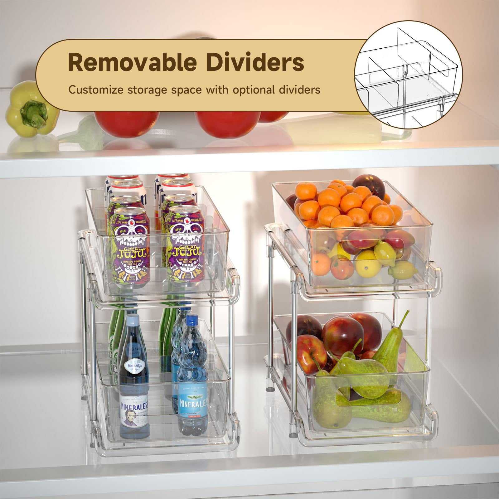 2-Tier Bathroom Organizer with Dividers, Clear Under Sink and Pull-Out Cabinet Storage for Kitchen and Pantry Organization