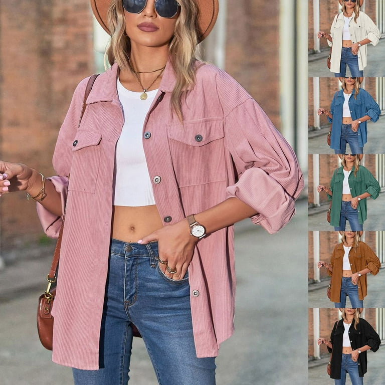 Lovskoo Women's Corduroy Shacket Shirt Jacket Lapel Loose Lantern