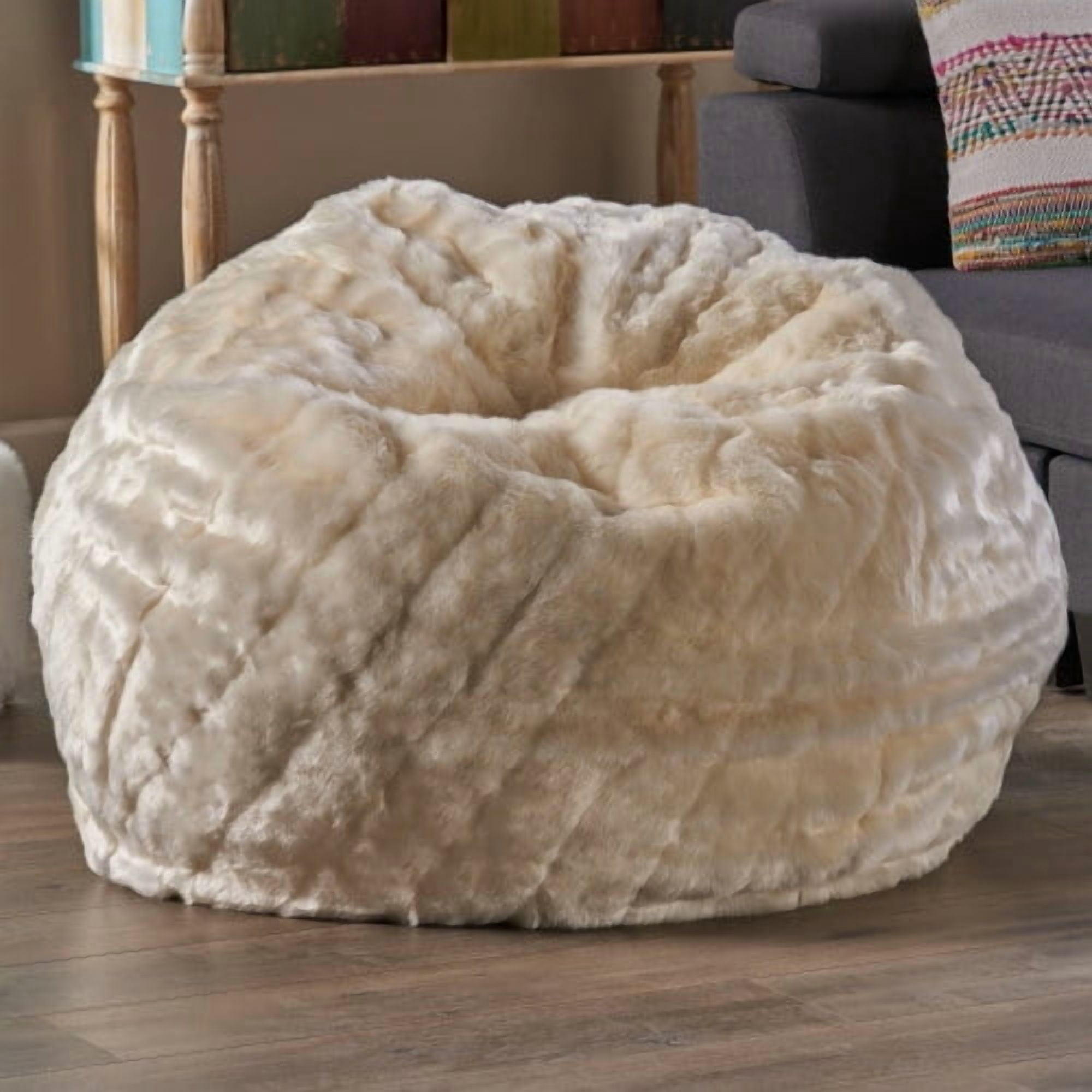 Bean Bag Chair 34 Inch, Faux Fur Round Lounge Chair with Soft Foam Filling, Comfy Floor Chair for Living Room and Bedroom, White