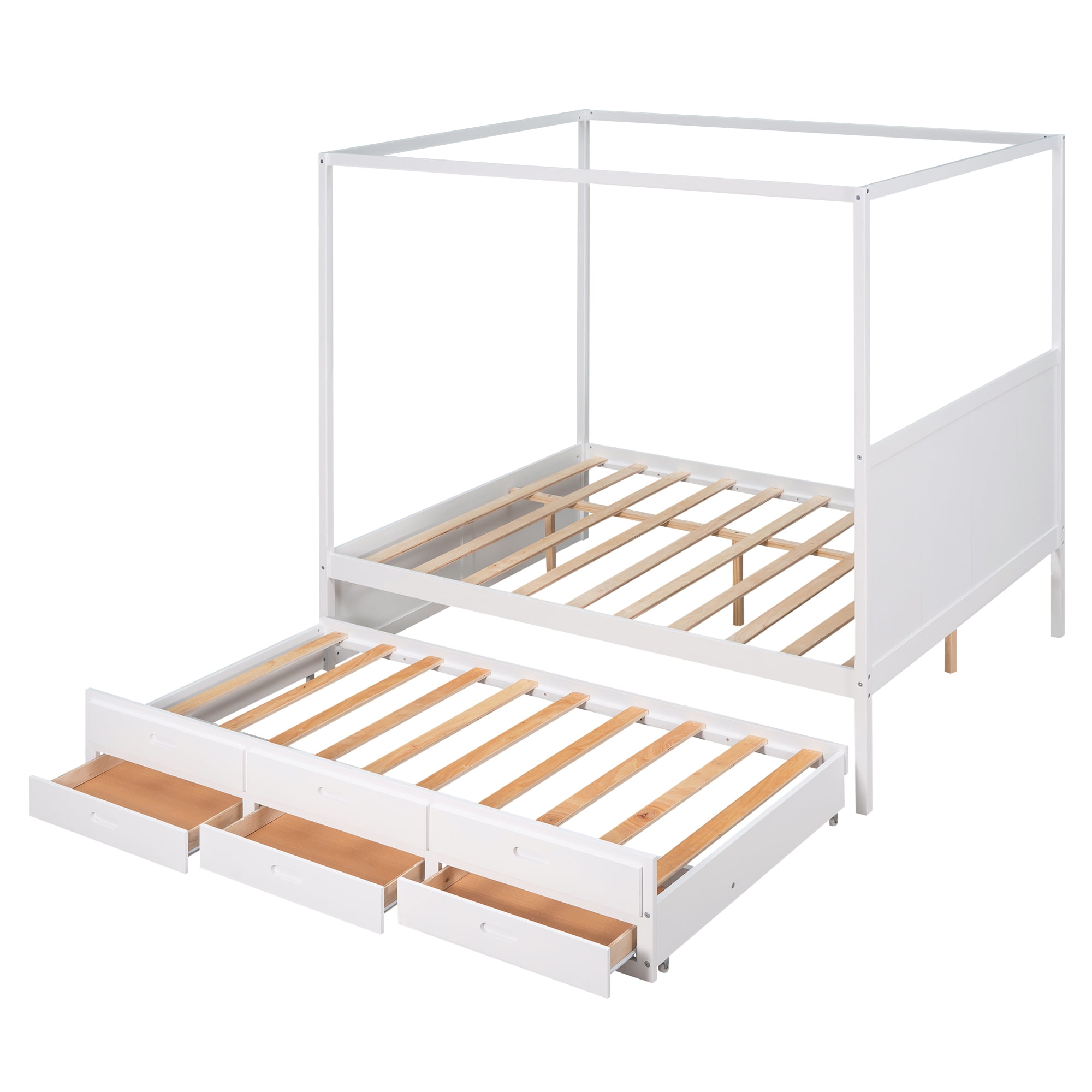 EUROCO Queen Size Platform Bed with Storage Headboard and USB Charging Station, Solid Wood Frame for Kids Adults, White