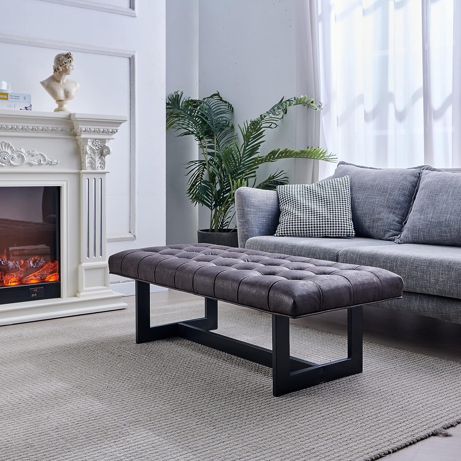 Nathaniel Home 48'' Button-Tufted Kids Ottoman, Upholstered Bedroom Benches, Leather Footrest Stool Accent Bench, for Bedroom End of Bed, Foggy Gray