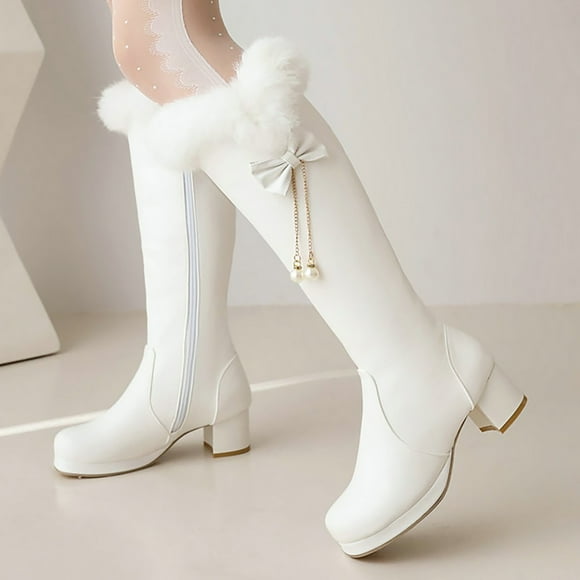 YOUSNH Thick High Heel Sweet Tall Women's Boots Plush Cotton Boots Warm Snow Boots Womens Boots White 8.5