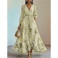 thumbnail image 4 of Women's V Neck Floral Printed Pleated Dress Long Sleeve Flowy A Line Party Maxi Cocktail Dresses Light Yellow M, 4 of 7