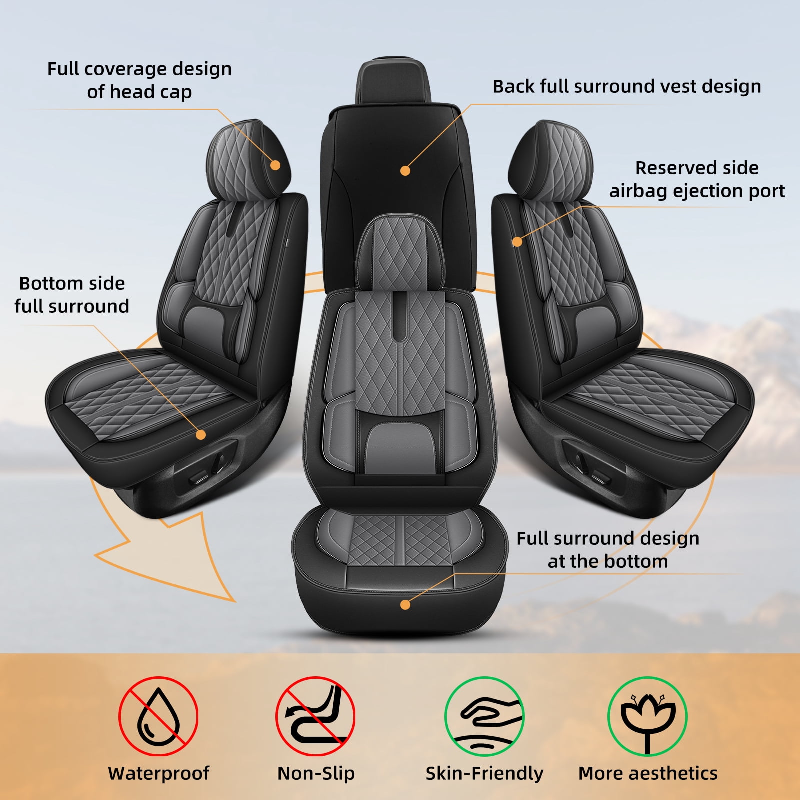 LAONNVIR 2 Front Car Seat Covers Fit for Toyota RAV4 2013-2024 2025 Front Set Leather Seat Cushion Airbag Compatible Automative Seat Cover Protector Grey,Front Set(2 Seat)