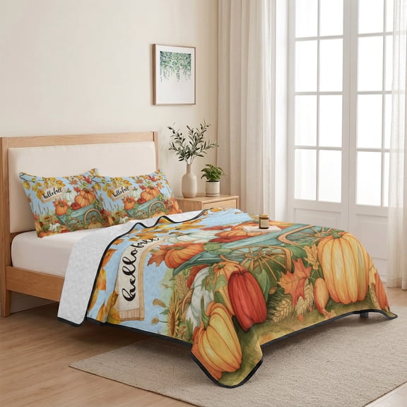 Fall Pumpkin Twin Size Quilt Set Lightweight Bedspread Coverlet Set, Cart Leaves Light Blue Background Quilted Bedding Cover with 2 Pillow Shams for All Season Layering 68"x86"