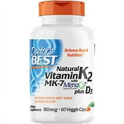 Natural Vitamin K2 MK-7 with MenaQ7 + D3 - Supports Bone Health - 180 MCH (60 Capsules)