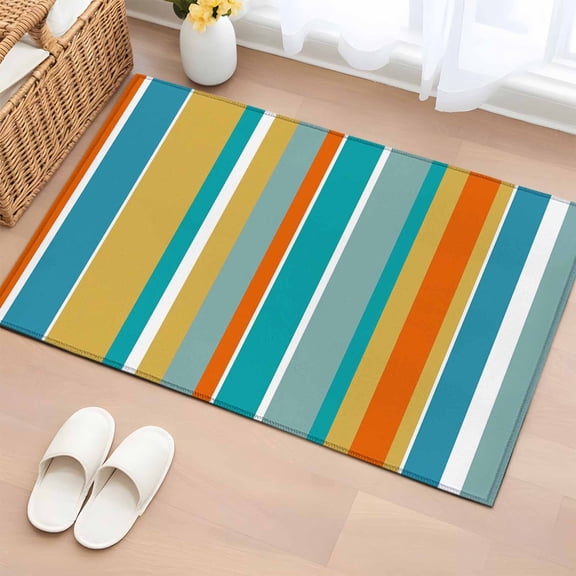 Blue Teal Orange Striped Entryway Rug 2'x3'  Non Slip Front Door Mats, Farmhouse Stripe Entrance Rugs Indoor Outdoor Carpet, Washable Floor Mats Small Area Rug for Bedroom Kitchen